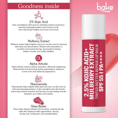 Bake Cosmetics: 2.5% Kojic Acid Mulberry Extract Tinted Butter Brightening Lip Balm SPF 55 PA++++ 24 Hour Moisturization For Dark, Pigmented, Dry & Flaky Lips