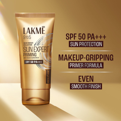 Lakme: Sun Expert Primer + Sunscreen, SPF 50 PA+++ for UVA/B, mattifying for makeup lovers