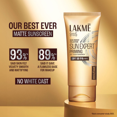 Lakme: Sun Expert Primer + Sunscreen, SPF 50 PA+++ for UVA/B, mattifying for makeup lovers
