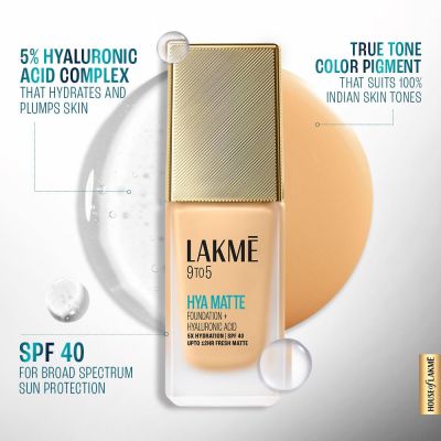 Lakme: 9 to 5 Hya Matte Foundation + Hyaluronic Acid Neutral Chestnut Lakme: 9 to 5 Hya Matte Foundation + Hyaluronic Acid Neutral Chestnut