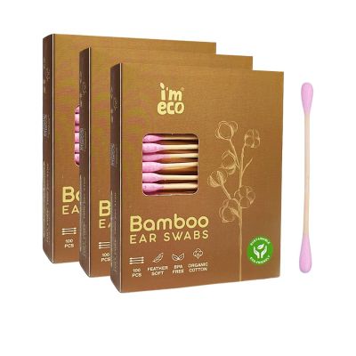 IMECO: Bamboo Ear Swabs | 100 Soft Double-Tip Cotton Buds | Pack of 3