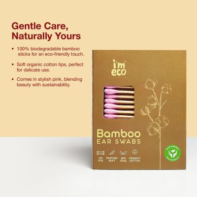 IMECO: Bamboo Ear Swabs | 100 Soft Double-Tip Cotton Buds | Pack of 3