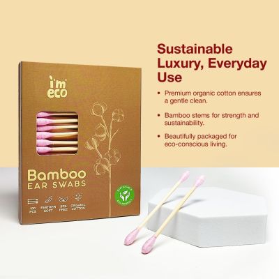 IMECO: Bamboo Ear Swabs | 100 Soft Double-Tip Cotton Buds | Pack of 8