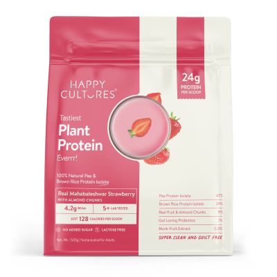 Happy Cultures: 24g Tastiest Plant Protein| Mahabaleshwar Strawberry & Almond Chunks - 505g