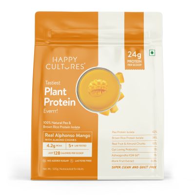 Happy Cultures: 24g Tastiest Plant Protein| Real Alphonso Mango, Almond Chunks & Ashwagandha (KSM 66) - 505g