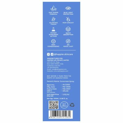 Happier: Sunscreen Spray SPF 50 PA+++ , UVA/UVB Protection, Broad Spectrum With Zinc Oxide