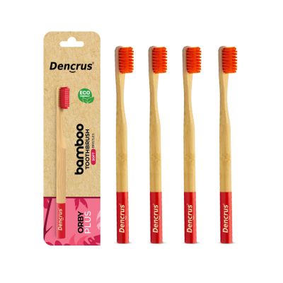 DENCRUS: Orby Plus Bamboo Toothbrush For Adults | 100% Natural Soft Bristles | Red | Pack of 4