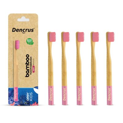 DENCRUS: Orby Kids Bamboo Toothbrush For Kids | 100% Natural Soft Bristles | Pink | Pack of 5