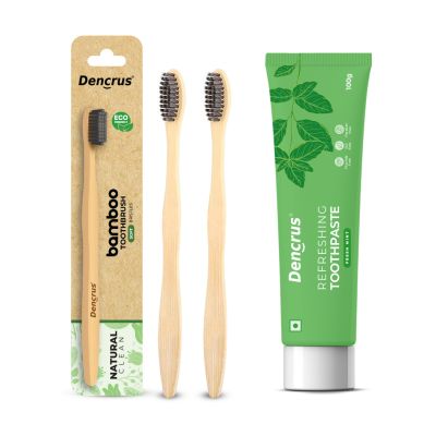 DENCRUS: Mint Toothpaste And Natural Clean Toothbrush Pack of 2 Combo | Mint Oral Care Combo