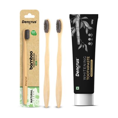DENCRUS: Charcoal Toothpaste And Natural Clean Toothbrush Pack of 2 Combo | Organic Oral Care Combo