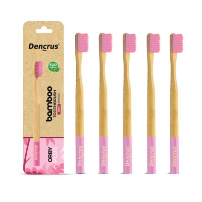 DENCRUS: Orby Plus Bamboo Toothbrush For Adults | 100% Natural Soft Bristles | Pink | Pack of 5