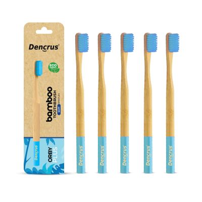 DENCRUS: Orby Plus Bamboo Toothbrush For Adults | 100% Natural Soft Bristles | Blue | Pack of 5