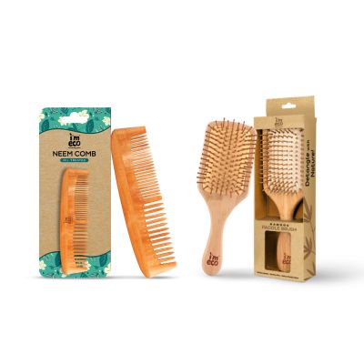 IMECO: Dual Tooth Neem Wood Comb & Bamboo Hair Brush Combo | Hair Comb Set | Unisex | Frizz Control