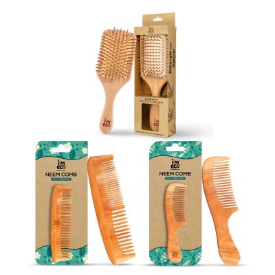 IMECO: Combo Of Dual Tooth & Wide Tooth Neem Wood Comb & Bamboo Paddle Hair Brush | Unisex I Pack of 3