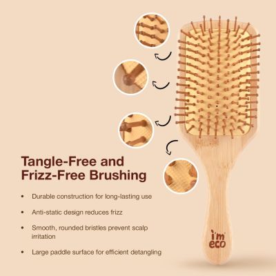 IMECO: Combo Of Dual Tooth & Wide Tooth Neem Wood Comb & Bamboo Paddle Hair Brush | Unisex I Pack of 3