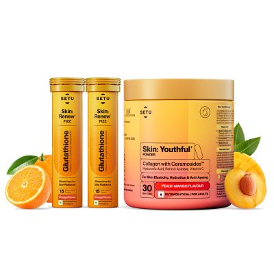SETU: Radiant Skin Combo- 8g Marine Collagen + Ceramosides- 300gm & 8-in-1 Glutathione Fizzy 30 Tabs, Reduces Hyperpigmentation, Wrinkles, Fine Lines & Supports Supplement, Healthy Skin for Men & Women