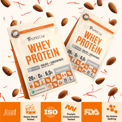 TruNativ: Whey protein powder | Blend with Isolate and Concentrate | 26g Protein | 6g BCAA | No added Sugar| Kesar Badam (907g / 2lbs)