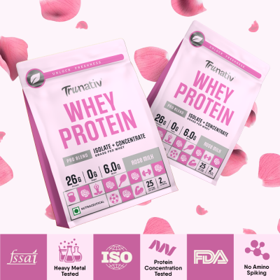 TruNativ: Whey protein powder | Blend with Isolate and Concentrate | 26g Protein | 6g BCAA | No added Sugar |Rose Milk (907g / 2lbs)