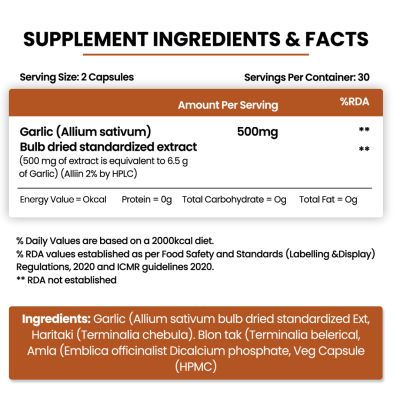 Vlado's Himalayan Organics: Garlic 500Mg Supplement | Extract (1:13) Allium Sativum - 2% - 60 Veg Capsules