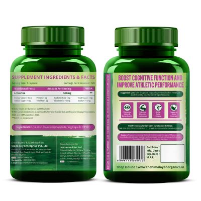 Vlado's Himalayan Organics: L-Taurine 500mg Supplement | Support Muscle Recovery  - 120 Veg Capsules