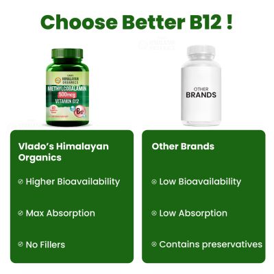 Vlado's Himalayan Organics: Vitamin B12 Supplements 500 mcg - Methylcobalamin B12 Vitamin Tablets - 60 Veg Tablets