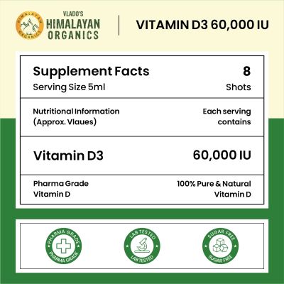 Vlado's Himalayan Organics: Vitamin D3 60000 IU Shots | Cholecalciferol Vitamin D3 60000 IU Supplement 5ml Each bottle - Orange Flavour - (Pack of 8)