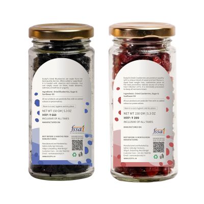 Ecotyl: Blueberres & Dried Cranberries Combo | Healthy Snacks | Dried Fruits | 150gm Each