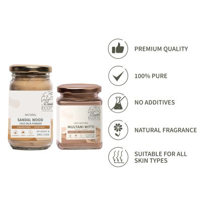 Ecotyl: Face Pack Combo - Sandalwood Powder and Multani Mitti | Duo for Skin Brightening and Glow | 100gm + 150gm