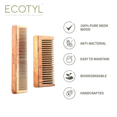 Ecotyl: Neem Wood Comb Combo - Detangling Comb & Shampoo Comb  | Set of 2