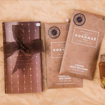 Kokomae: 2-Bar Diwali Hamper  Hazelnut & Coffee Chocolates with Candle
