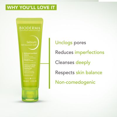 Bioderma: Sebium Gel Moussant Actif Cleanser with Salicylic & GlycolicAcidforAcneProne,OilySkin  45ml