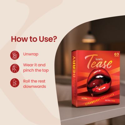 Kindly Health: Tease Ultra Thin Strawberry flavour Condoms for Men, Pack of 3 