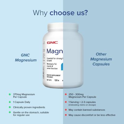 GNC: Magnesium 370mg | Strengthens Bones & Teeth |  370mg Per Serving | 120 Capsules
