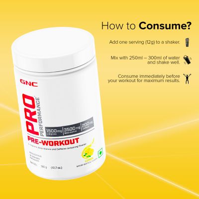 GNC: Pro Performance Pre-Workout | Boosts Energy & Endurance |   1.5gm L-Arginine | 3.5gm Beta-Alanine | 0.2gm Caffeine |Lemon | 360gm