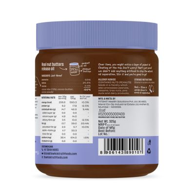 The Whole Truth: Dark Chocolate Peanut Butter  325 g  Creamy  No Added Sugar  No Artificial Sweeteners  Gluten Free  No Preservatives  100% natural protein source