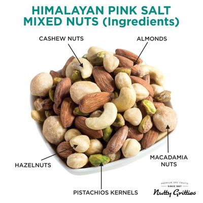 Nutty Gritties: Salted Mixed Nuts - Roasted in Himalayan Pink Salt (Almonds, Cashews, Macadamias, Hazelnuts, Pista Kernels)- 100g