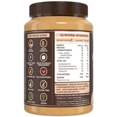 Alpino: Coconut Peanut Butter Smooth | 22 G Protein | High Protein Peanut Butter Creamy | Gluten-Free | Vegan - 1 kg