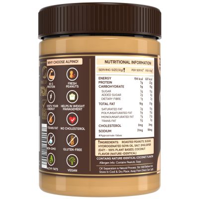 Alpino: Coconut Peanut Butter Smooth | 22 G Protein | High Protein Peanut Butter Creamy | Gluten-Free | Vegan - 400 g