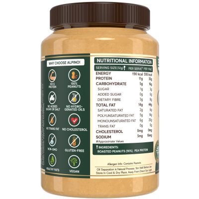 Alpino: High Protein Natural Peanut Butter Crunch - Unsweetened - 1 kg