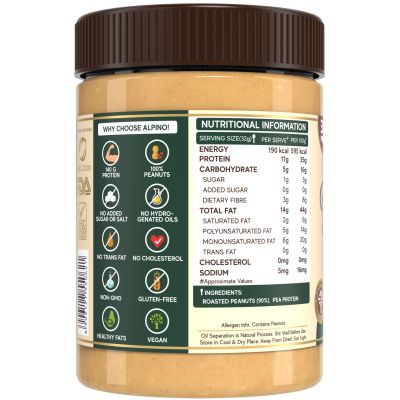 Alpino: High Protein Natural Peanut Butter Crunch - Unsweetened - 400 gm