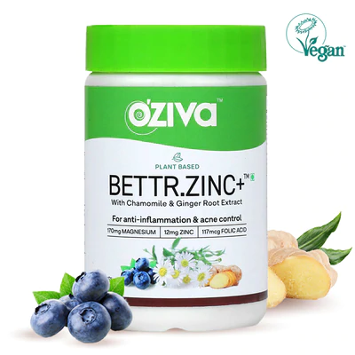 Oziva: Plant Based Bettr.Zinc+ (With Zinc, Magnesium,Chamomile & Ginger Root) Certified Vegan - 60 Zinc capsules