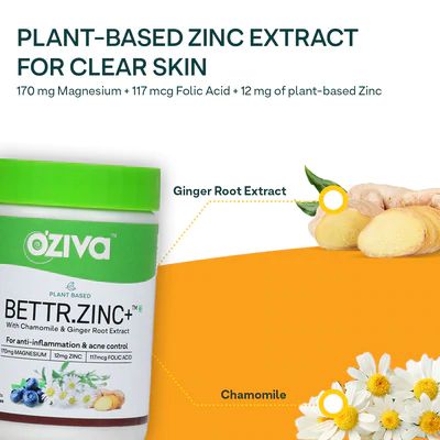 Oziva: Plant Based Bettr.Zinc+ (With Zinc, Magnesium,Chamomile & Ginger Root) Certified Vegan - 60 Zinc capsules