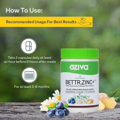 Oziva: Plant Based Bettr.Zinc+ (With Zinc, Magnesium,Chamomile & Ginger Root) Certified Vegan - 60 Zinc capsules