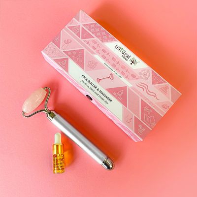 Natural Vibes: Rose Quartz Vibrating Roller with FREE Gold Beauty Elixir Oil for Face, Neck and Under eye [CLONE]