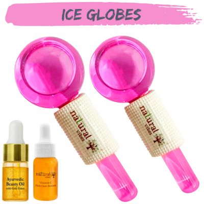 Natural Vibes: Pink Ice Globes Facial Tool with FREE Gold Beauty Elixir Oil & Vitamin C Serum for Face, Neck and Under Eye [CLONE]