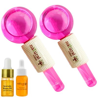 Natural Vibes: Pink Ice Globes Facial Tool with FREE Gold Beauty Elixir Oil & Vitamin C Serum for Face, Neck and Under Eye [CLONE]