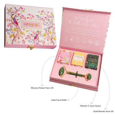Natural Vibes: Glow Getter Gift Set with Jade Face Roller, Vitamin C Serum, Nirvana Flower Oil and Gold Beauty Elixir Oil