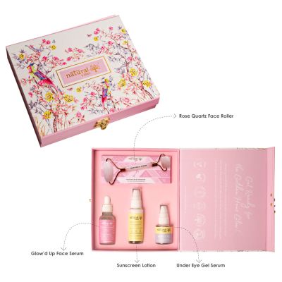 Natural Vibes: Glow Getter Gift Set with Rose Quartz Face Roller, Sunscreen Lotion, Glow 'd Up Serum & Under Eye Gel Serum