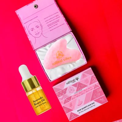 Natural Vibes: Rose Quartz Gua Sha For Face, Neck and Under eye with FREE Gold Beauty Elixir Oil 3 ml [CLONE]