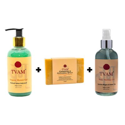 TVAM: Mogra Green Tea Oil ,Patchouli Soap ,Cedarwood Shower Gel (Combo of 3)